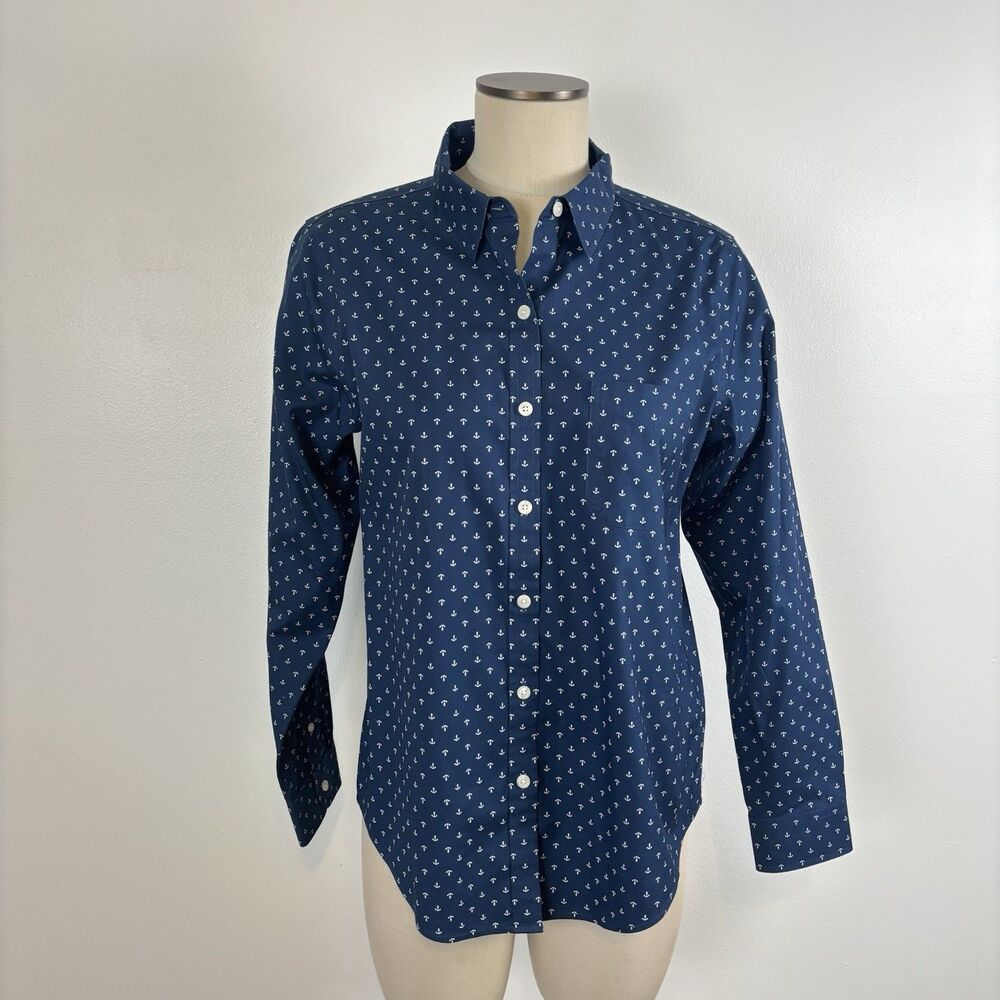 L.L.Bean Women Button Down Shirt Navy Blue Size Medium Anchor Print Wrinkle Free